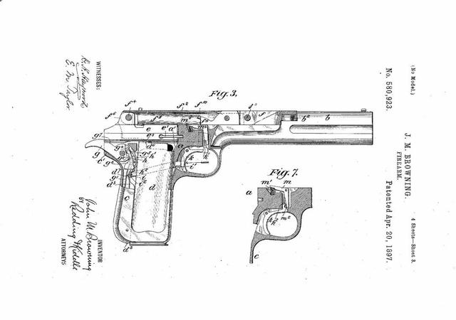 关于专利附图 来欣赏这把美国120多年前申请的勃郎宁firearm专利