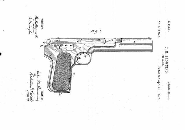 关于专利附图 来欣赏这把美国120多年前申请的勃郎宁firearm专利